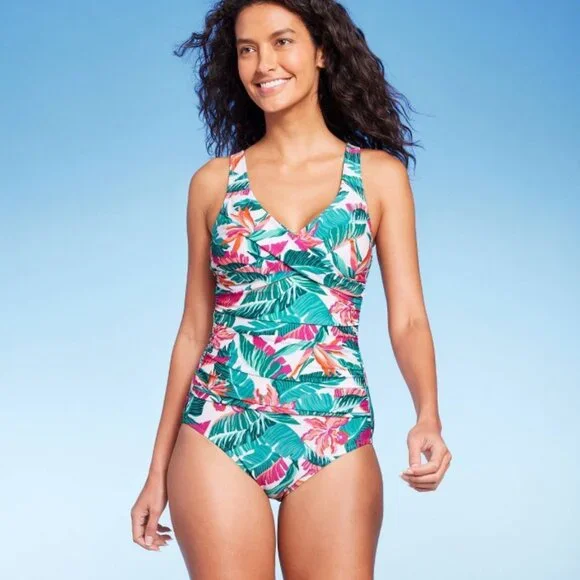 Kona Sol One Piece Women's Tropical Print Front Wrap Swimsuit Sz: S - Picture 1 of 9